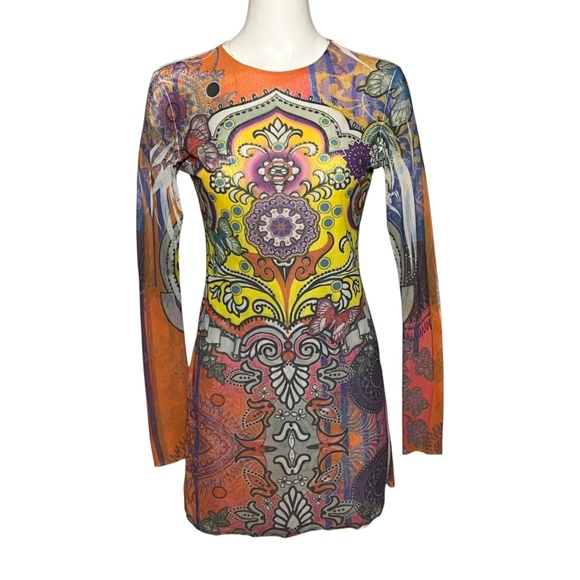 Viviana G Tee's Vibrant Psychedelic Print Mesh Top Stretchy Long Sleeve sz Large - Picture 1 of 10